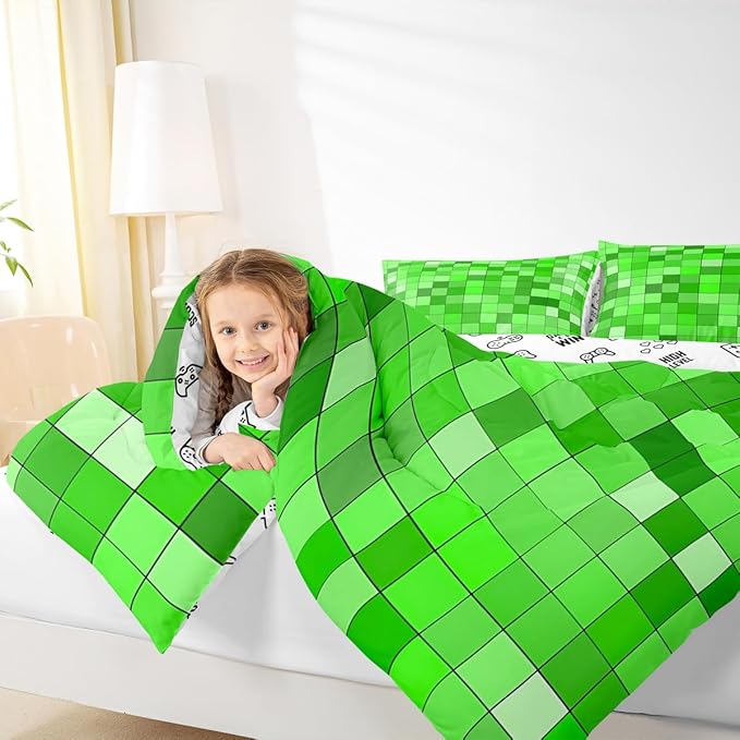 Geometric GridComforter Set King Size,Patchwork Square Video Games Kids Bedding Set,Gradient Gaming Quilt Comforter,Green Duvet Insert,2 Pillowcases