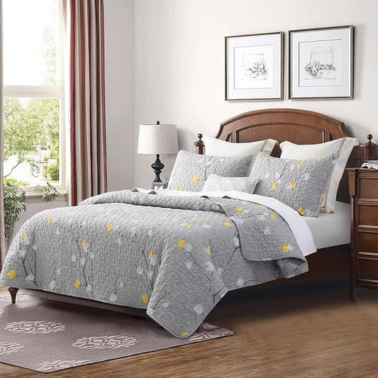 DURLENGEN Quilt Set California King Size 3Pcs,Grey Branch with Dot Pattern,Soft Microfiber Lightweight Bedspread for All Season Layering(112x104,Botanical Grey)