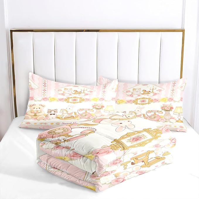 Girls Colorful Flowers Comforter Set, Twin Size 2-Piece Pink Sweet Home Comforter Sets for Girls Room Decor, 1 Teddy Bear Comforter 68"x 90", 1 Pillowcase, Soft Microfiber All Season