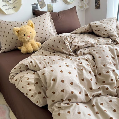 Nayoroom Brown Heart Duvet Cover King Size Vintage Hearts Printed on Taupe Duvet Cover Kids Girls 3 Pieces Soft Microfiber Farmhouse Bedding Set with Zipper Closure
