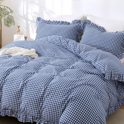 ATsense Navy Blue Gingham Ruffle Duvet Cover Set Cotton Like Linen, Queen