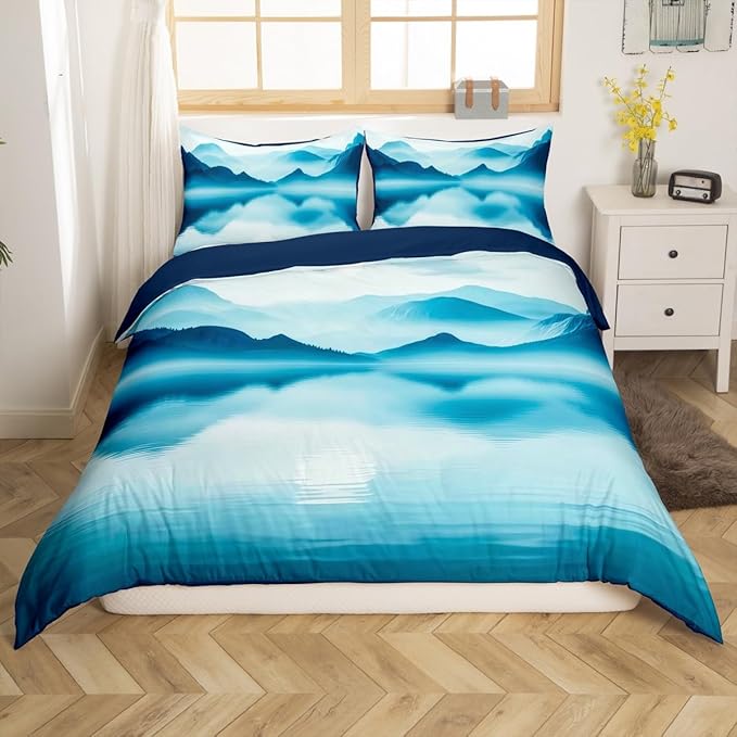 Feelyou Smoky Mountain Bedding Set King Size Foggy Scenic Duvet Cover for Adult Kids Boys Girls Teal Blue Comforter Cover Set Natural Landscape Bedspread Cover 3Pcs Zipper