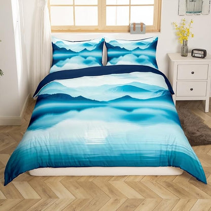 Feelyou Smoky Mountain Bedding Set Toddle Size Foggy Scenic Duvet Cover for Adult Kids Boys Girls Teal Blue Comforter Cover Set Natural Landscape Bedspread Cover 2Pcs Zipper