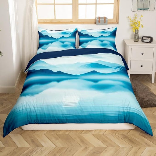 Feelyou Smoky Mountain Bedding Set Toddle Size Foggy Scenic Duvet Cover for Adult Kids Boys Girls Teal Blue Comforter Cover Set Natural Landscape Bedspread Cover 2Pcs Zipper