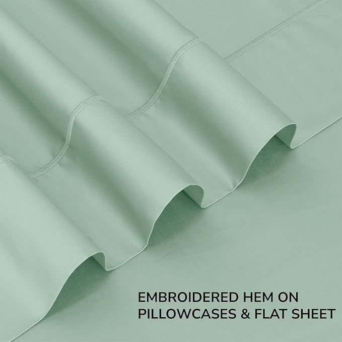 Feather & Stitch 500 TC Full Size 4pc Damask Bed Sheet Set, 100% Soft Cotton Breathable Bedsheets, 18" Deep Pockets Sateen Weave Striped Bedding Mattress Resort Hotel Luxury Decor - (Soft Sage)