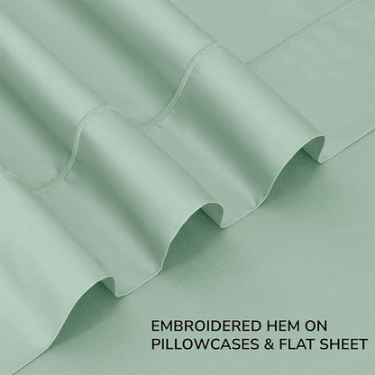 Feather & Stitch 500 TC Full Size 4pc Damask Bed Sheet Set, 100% Soft Cotton Breathable Bedsheets, 18" Deep Pockets Sateen Weave Striped Bedding Mattress Resort Hotel Luxury Decor - (Soft Sage)