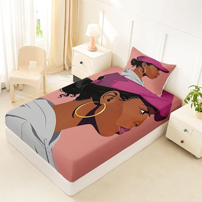 Erosebridal Black Girls Girls Bed Sheets Twin Size Fashion Black Woman Fitted Sheet Vogue Fashionable Gorgeous Bedding Set for Kids Children Women Bedroom Decor African Princess Magical Sheets