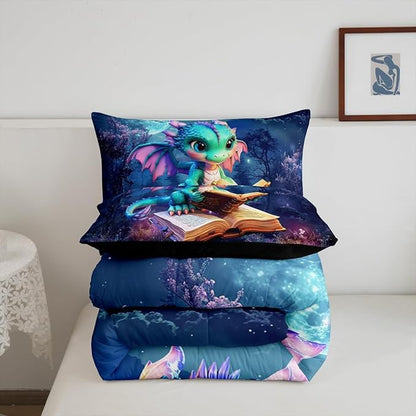 Cartoon Dragon Bedding Set King Size Magic Jungle Night Comforter Set for Girls Boys Teens Room Decor Cute Dragon Books Down Comforter Starry Moon Sky Quilt Set with 2 Pillowcases