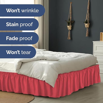 Wrap Around Dust Ruffle Bed Skirt - Red - for King Size Beds with 15 Inch Drop - Easy Fit Elastic Strap - Adjustable Pleated Bedskirt w/Brushed Fabric - Wrinkle Free - for Women, Men, Kids & Teens