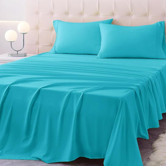 California King Size Bed Sheet Set - 4 Piece Soft Microfiber Sheets with Deep Pockets, Cooling Technology, and Wrinkle-Free Pillowcase. Hotel-Quality, Durable Bedding, Capri Blue