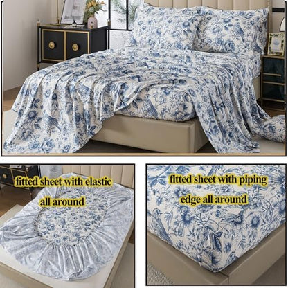 FADFAY Sunflower Bird Sheets Set Queen 100% Egyptian Cotton Blue Toile de Jouy Bedding Vintage Blue and White Floral Farmhouse Bedding Shabby French Country Sheets Deep Pocket Soft Breathable 4Pcs