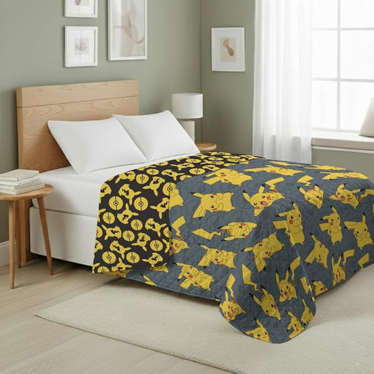 Northwest Pokemon Company Reversible Full/Queen Quilted Blanket - Pikachu & Pokeball Pattern for Anime Fans, Cozy Blanket for Bed, Game Room or Couch, 90x90 inches