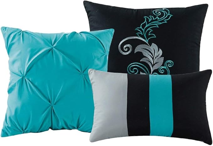 Chezmoi Collection Napa 7-Piece Luxury Leaves Scroll Embroidery Bedding Comforter Set (Full, Teal Blue/Gray/Black)