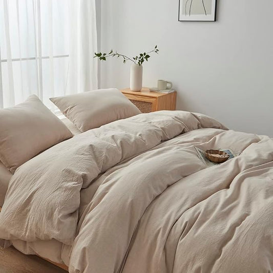 FACE TWO FACE Bedding Duvet Cover Set100% Washed Cotton Duvet Cover Linen Like Textured Breathable Durable Soft Comfy (Queen, Tannish Linen Grey)