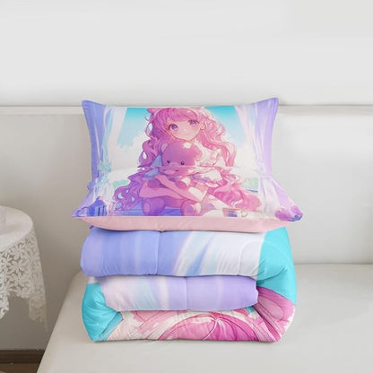 Erosebridal 3D Anime Girl Comforter Set Queen, Japanese Girl Romance Love Bedding Cartoon Anime Gifts Bedding Comforter Sets, Rabbit Lovers Gifts - 1 Comforter 2 Pillow Cases
