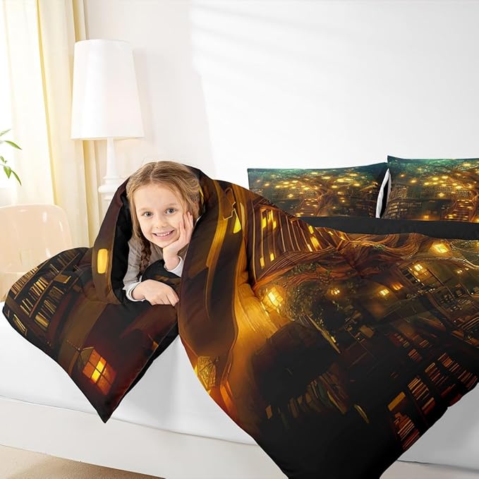 Castle Fairy Modern Building Trees Bedding Set,Bookshelf Bookcase All Season Cozy Comforter Set Full with 2 Pillowcases,Magical Mysterious Style Duvet Set Bedroom Decor,Personalized Birthday Gifts