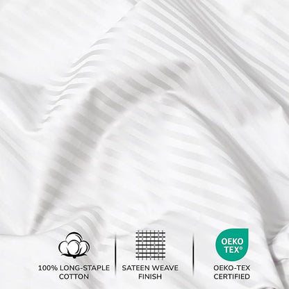 Feather & Stitch 500 TC Queen Size Damask Bed Sheet Set, 100% Cotton Soft Breathable Bedsheets, 4 Piece 18" Deep Pockets Sateen Weave Striped Bedding Mattress Resort Hotel- (White Stripe)