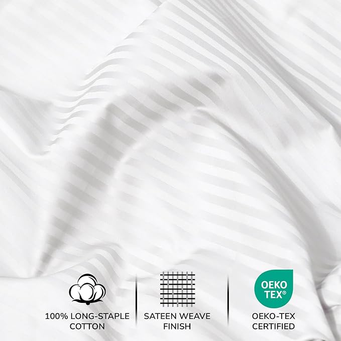 Feather & Stitch 500 TC Full Size Damask Bed Sheet Set, 100% Cotton Soft Breathable Bedsheets, 4 Piece 18" Deep Pockets Sateen Weave Striped Bedding Mattress Resort Hotel Luxury- (White Stripe)