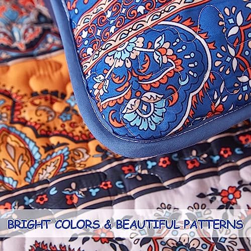 WONGS BEDDING Boho Full Quilt Bedding Set, 3 Pieces Bedspread, Blue Orange