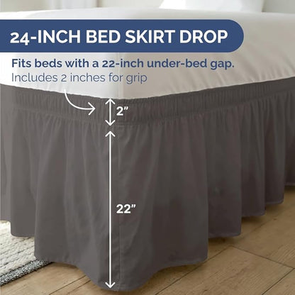 Wrap Around Dust Ruffle Bed Skirt - Dark Grey - for Queen Size Beds with 24 Inch Drop - Elastic Strap - Adjustable Pleated Bedskirt with Brushed Fabric and Wrinkle Free - for Women, Men, Kids & Teens