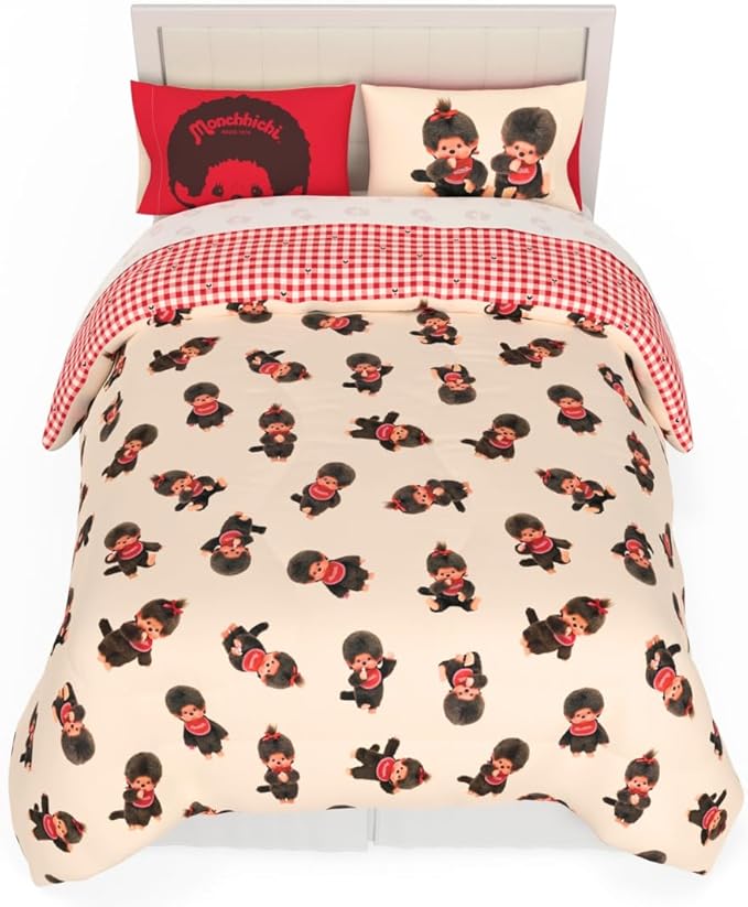 Monchhichi Bedding 7 Piece Full Bed Set, Soft Cozy Nostalgia Reversible Comforter and Sheet Set with Sham, (Officially Licensed Product) by Franco