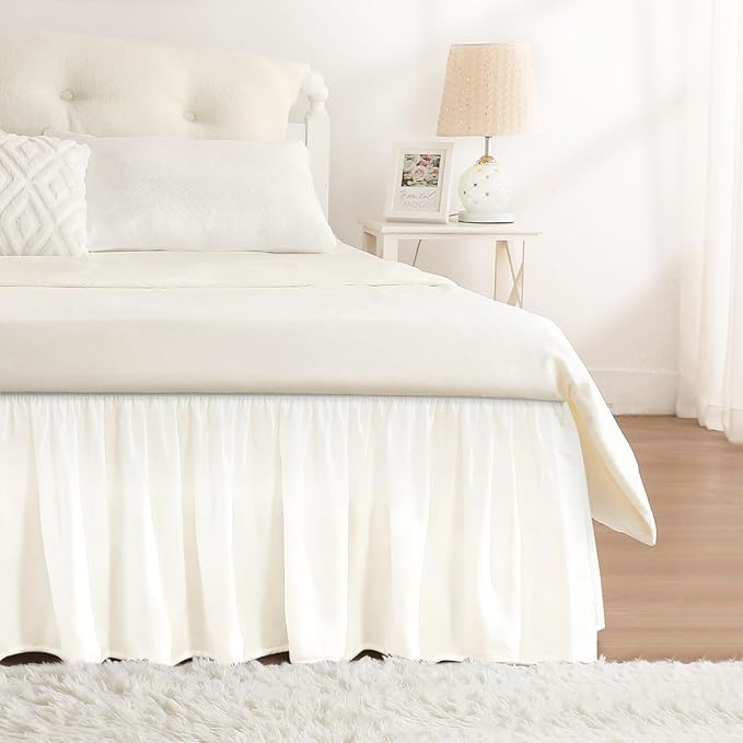 RIMELA Cream White Bed Skirt Queen Size 18 Inch Drop, Wrap Around Elastic Bedskirt, Dust Ruffle for Adjustable Bed Base Machine Washable Easy to Install Bed Skirts