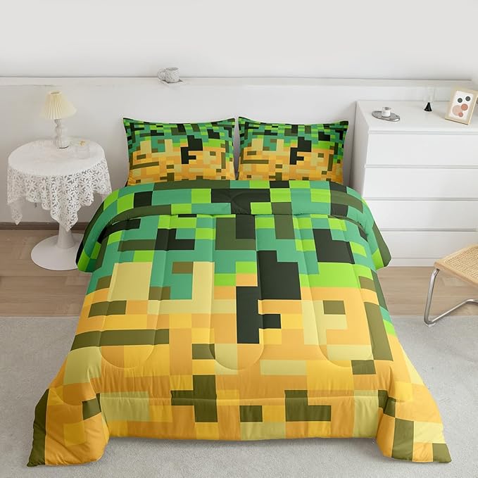 Pixelated Miners Game Kids Bedding Set King Size,Geometric Check Video Games Comforter Set,Gamepad Grid Gaming Quilt Comforter,Green Yellow Bedroom Duvet Insert,2 Pillowcases