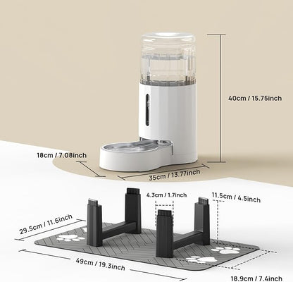 CZPET Elevated Dog Water Bowl Dispenser (8L+Stand+Mat, White) | With Stainless Steel Bowl Gravity Waterer, Large Capacity and Drinking Area Noise-Free for Pets