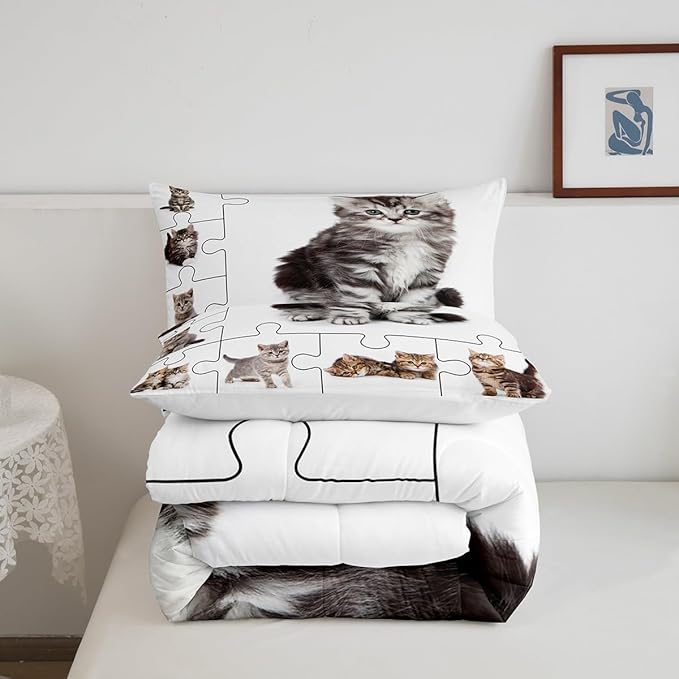 3D Cats Print Comforter Set King,Cute Pet Theme Bedding Set for Boys Girls Teens Bedroom Decor,Lovely Kittens Kids Cartoon Animal Quilt Set Super Soft Duvet Set,Gift for Her Him