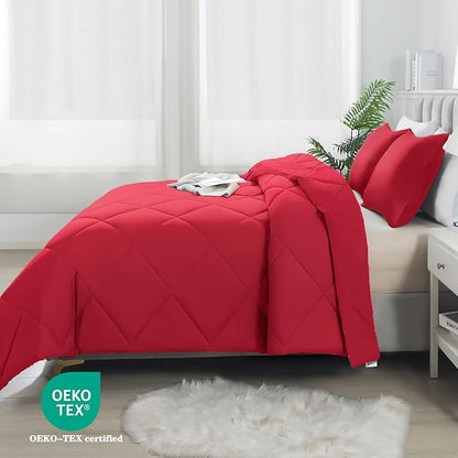 3-Piece King Comforter Set,All-Season,Soft & Hypoallergenic &Breathable Bedding,Polyester Quilted,Down Alternative(Comforter*1 & Pillowcases*2),Bright Red