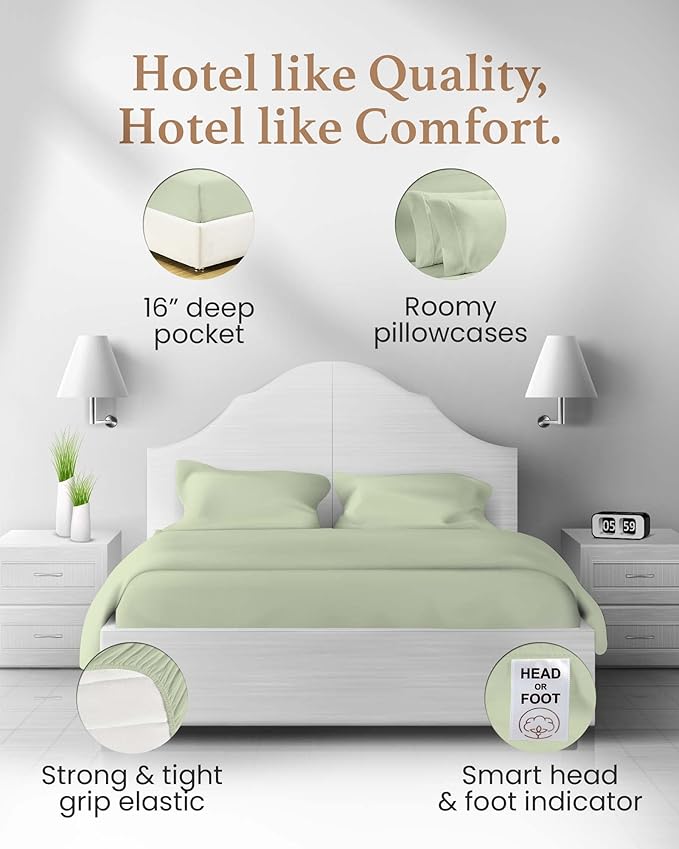 Egyptian Cotton Sheets King Size, 4 Pc Luxury Set, 100% Cotton, 16" Deep Pocket, Sateen, Sage