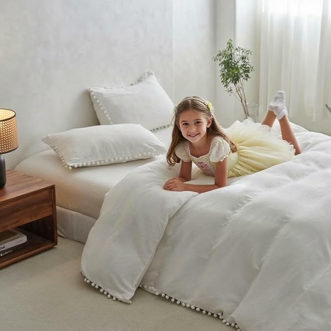 Simple&Opulence French Linen Blended Duvet Cover King, Flax Viscose Derived from Bamboo Bedding Set with Pom Pom Trim Soft Cooling for Hot Sleepers, 1 Boho Comforter Cover and 2 Pillow Shams, White