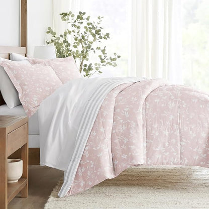 LINENS & HUTCH Comforter Set Patterned Microfiber All Season Down-Alternative Ultra Soft Bedding in Pressed Flowers - King/Cal-King Pressed Flowers Pink