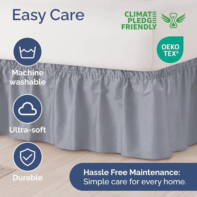 Wrap Around Dust Ruffle Bed Skirt - Steel Blue - for Full Size Beds w/ 15 Inch Drop - Easy Fit Elastic Strap - Adjustable Pleated Bedskirt w/Brushed Fabric - Wrinkle Free, Women, Men, Kids & Teens