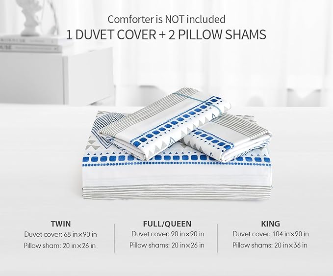 SLEEPBELLA Boho King Size Duvet Cover Set - Cotton Reversible Blue/White with Button Closure & Soft, Breathable Fabric
