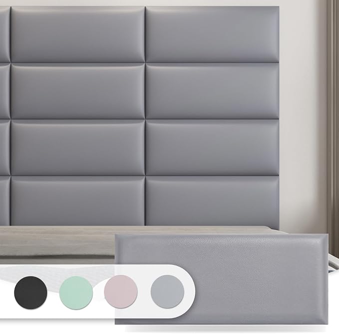 Art3d 6-Pack Peel and Stick Upholstered Headboard, 9.84 x 23.62 in, Grey | Self Adhesive, Upholstered Padded Panels, Fits Multiple Bed Sizes, Sound Absorbing, Ideal for Bedroom