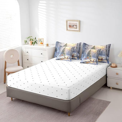 Winter Jungle Elk Deer Comforter Set Bed in a Bag 7 Pieces Queen,Merry Christmas Theme Bedding Set,Vintage Farmhouse Style (Comforter+Fitted+Flat Sheet+2 Pillowcases+2 Throw Pillow Covers)