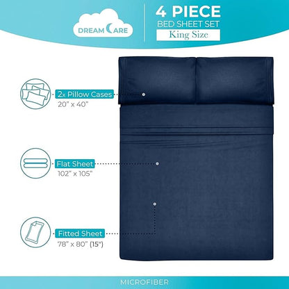 DREAMCARE Queen Size Sheets - Cooling Bed Sheets - 4pcs Set - up to 15" Deep Pocket Queen Sheet Set - Sheets Queen Size Bed - Soft & Long Lasting 100% Fine Brushed Polyester with Side Pocket - NBlue