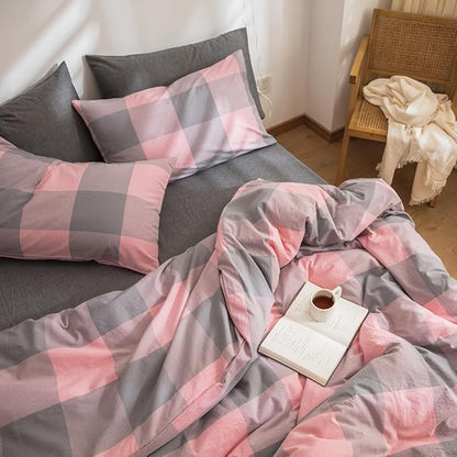 FACE TWO FACE Bedding Duvet Cover Set100% Washed Cotton Duvet Cover Linen Like Textured Breathable Durable Soft Comfy (Twin, Grey Powder Grid)