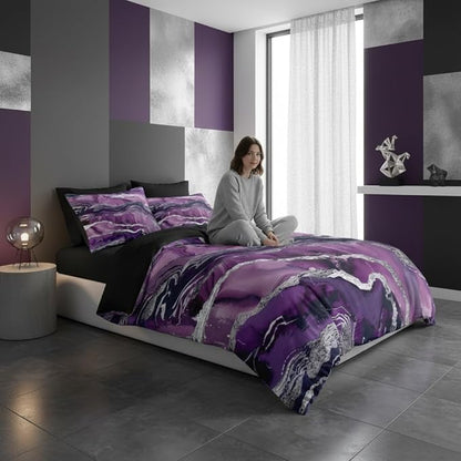Purple Marble Comforter Set Queen Size, Abstract Black Purple Bedding Set with Silver Lines - 3Pcs Soft Lightweight Quilted Comforter for All Seasons,90"x90" | Aesthetic Pattern, Abstract Design, Soft Lightweight, All Seasons, Girls Women Adult