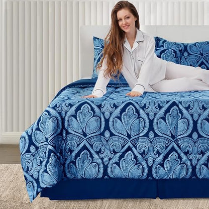 LUX Décor Reversible 5pc Queen Comforter Set, Printed Bedding Set, Microfiber Bed in a Bag, Includes 1 Comforter, 2 Pillow Shams, 1 Decorative Pillow & 1 Bed Skirt (Paisley Navy,Queen)