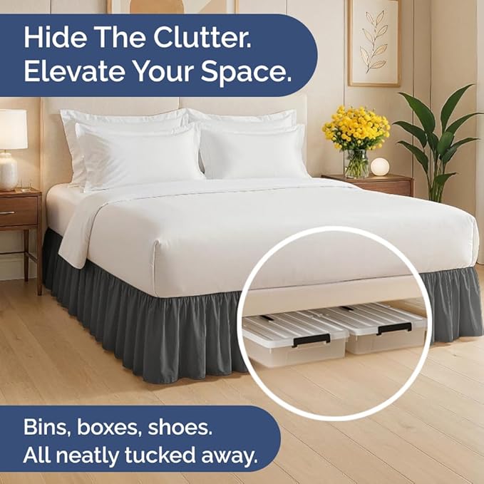 Bedskirt Queen Size Ruffle - 12 inch Drop Dust Ruffle Bed Skirt with Platform - Ultra-Soft, Easy Fit, Premium Hotel Quality - Wrinkle, Fade & Shrink Resistant - For Women, Men, Kids & Teens - Charcoal