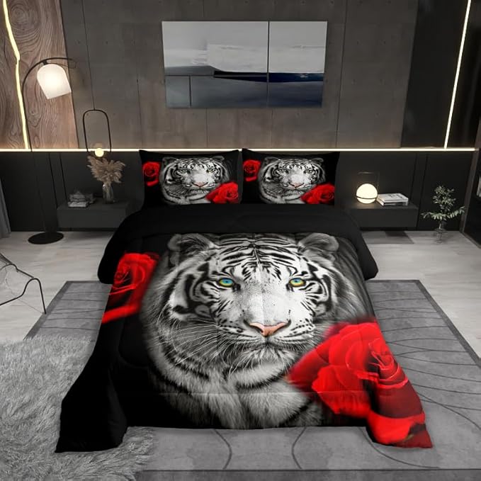 Castle Fairy Tiger Flower Bedding Set Queen Size 3D Africa Tiger Animal Comforter Set for Kids Teens Room Decor Red Rose Floral Duvet Insert Tiger Wildlife Down Comforter Set,3Pcs
