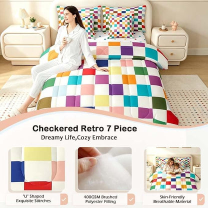 Feelyou Colorful Checkered Retro 7 Piece Bedding Set Kids Boys Girls Modern Geometric Cute Comforter Set with Sheets Full Size Beige Colorful Bed in a Bag Vintage Simple Groovy Aesthetic Room Decor