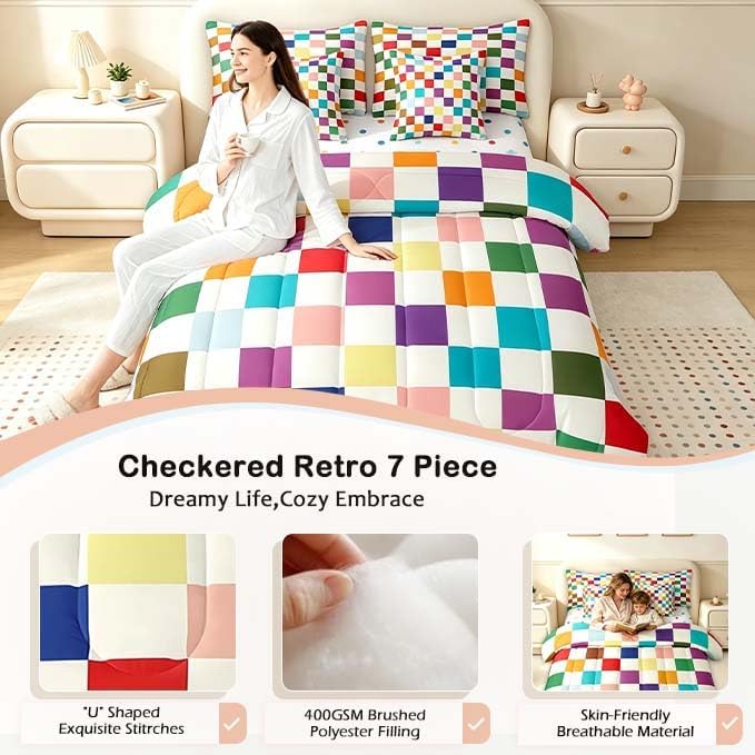 Feelyou Colorful Checkered Retro 7 Piece Bedding Set Kids Boys Girls Modern Geometric Cute Comforter Set with Sheets King Size Beige Colorful Bed in a Bag Vintage Simple Groovy Aesthetic Room Decor