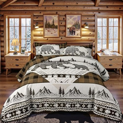 3 Piece Cabin King Size Quilt Sets Farmhouse Rustic Reversible Microfiber Soft Lightweight Bedspread Comforter with 2 Shams Patchwork Country Lodge Bedding Quilts Set for All Season, 106''x96'', Brown