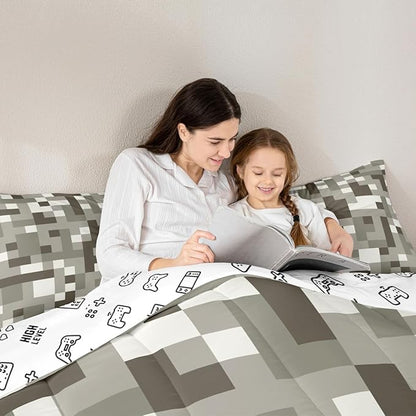 Miners Pixel Checked Kids Comforter Set Full Size,Cartoon Gamepad Video Games Bedding Set,Boys Room Decor,Geometric Grid Patchwork Quilt Comforter,Gray White Duvet Set Bedroom Quilt Set,2 Pillowcases