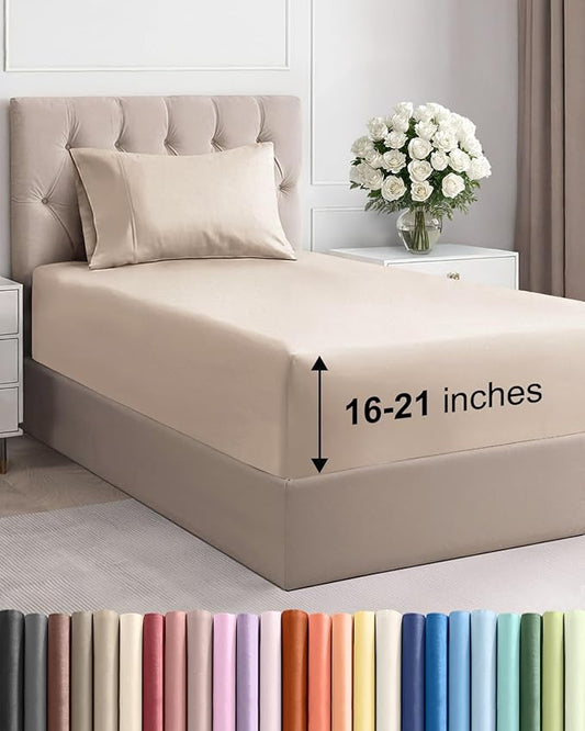 Extra Deep Pocket Twin XL Size Sheet Set - 3 Piece Breathable & Cooling Bed Sheets - Hotel Luxury Bedding w/ 16 to 21 inch Extra Deep Pockets - Ultra-Soft, Fade & Wrinkle Resistant - Oeko-Tex - Wheat