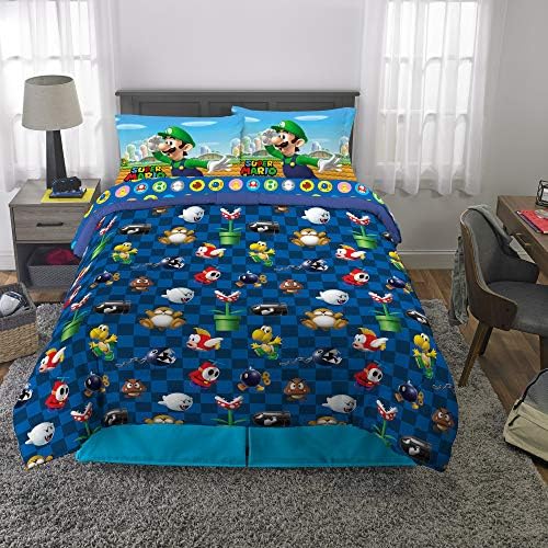 Super Mario Kids Full Size Bedding, 5 Piece Super Soft Cozy Reversible Comforter and Sheet Set, (Officially Licensed Product) By Franco