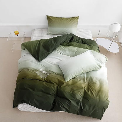 Cottonight Army Green Gradient Comforter Set Twin Dark Green and Grey Bedding Comforter Set Modern Gradient Aesthetic Blanket Quilts Cotton Modern Soft Breathable Blackish Green 3 Piece Bedding Set